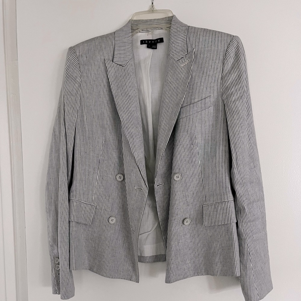 Theory linen blend pinstriped double breasted blazer lined